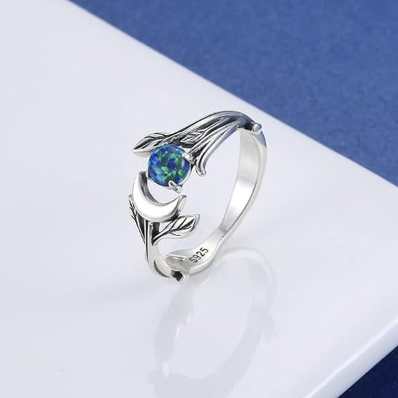 925 Sterling Silver Opal Turquoise Moonstone Moon Ring - Green Opal